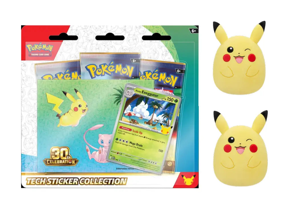 Pokémon 30th Anniversary Fan Bundle Alolan Exeggutor Edition featuring Tech Sticker Collection, 10-inch Squishmallows Pikachu plushes — available at FineToys.ca.